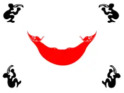 Drapeau stylisé avec un élément central rouge en forme de croissant dont le dos est orienté vers le bas. Les pointes de chaque croissant sont des visages stylisés typiques de l'île de Pâques. Aux quatre coins du drapeau, un personnage noir qui représente un homme oiseau portant un œuf.