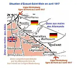 En avril 1917, Ecouts-Saint-Mein est situé en zone alliée à seulement 1km du front.