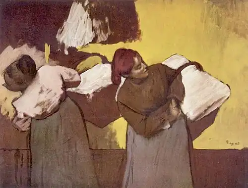 Après avoir porté seaux d'eau et baquets, il fallait livrer le linge propre au client, Lavandières peintes par Degas,carton, 46 x 61, collection H. J. Sachs, New York