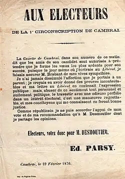 Campagne électorale de soutien de Charles Desmoutier par Édouard Parsy en 1876.