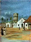 Église de Santa Bárbara en 1845, Aquarelle de Edward Walhouse Mark.
