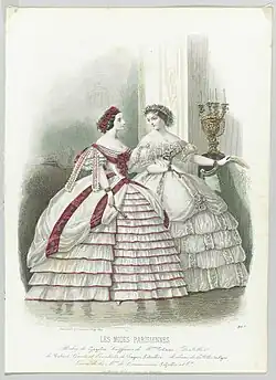 Robes de Gagelein…, gravure de Préval d'après Compte-Calix parue dans Les Modes parisiennes, no&nbsp;887 en 1860.