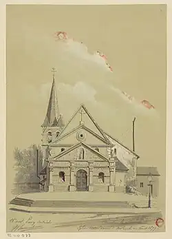 Façade de l'ancienne église en 1879 (dessin de Jules-Adolphe Chauvet).