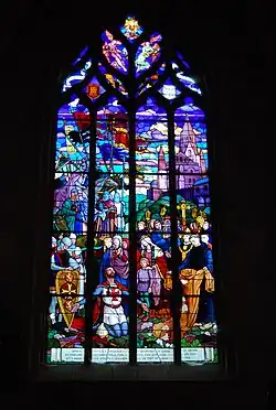 En 1108, Geoffroy de Dinan se retire au prieuré Saint-Malo fondé par son père en 1066 (verrière 24), carton de Jean Virolle[1], atelier G. Merklen[2], Angers, pas de date.