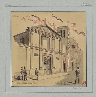 Façade de l'ancienne église sur la rue de Chaillot en 1894 (dessin de Jules-Adolphe Chauvet).