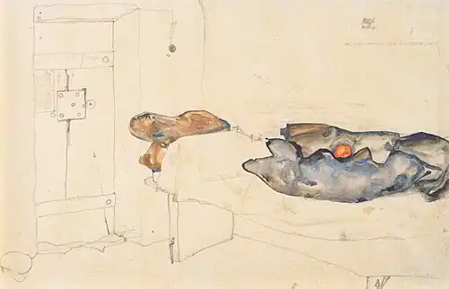 Dessin d'une porte close et d'un lit où sont coloriés l'oreiller, la couverture et une orange posée dessus