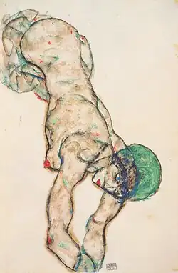 Dessin d'une femme nue, tête en bas de la feuille, bras en avant, corps sans jambes en diagonale