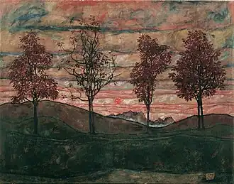 Peinture de quatre arbres frêles alignés sur un vallonnement sombre sous un ciel stratifié
