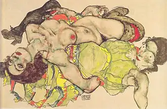 Dessin de deux femmes enlacées tête bêche, l'une vêtue de couleurs vives, l'autre nue en bas et chaussures