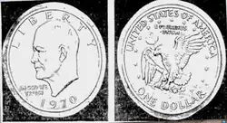 Les deux côtés d'une pièce : d'un côté, un homme chauve vu de profil et les inscriptions Liberty, In God we trust et 1970, sur l'autre, un aigle volant tenant un rameau d'olivier et les inscriptions United States of America, One Dollar et E pluribus enum.