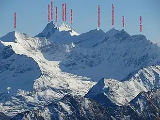 Vue de l'Eiskögele (deuxième sommet en partant de la droite).