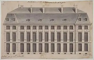 Elévation de la façade côté jardin de l'hôtel de Louvois, 1 rue de Louvois, actuel 2ème arrondissement. D.11300