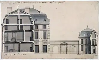 Elévation du pavillon en aile du côté de la cour de l'hôtel de Louvois, 1 rue de Louvois, actuel 2ème arrondissement. D.11301