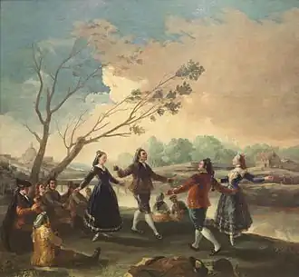 Peinture : un groupe de danseurs en ronde, sur les rives du Manzanares
