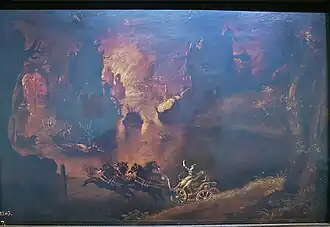 Peinture représentant un homme sur un char emmenant une jeune fille vers une rivière de flammes.