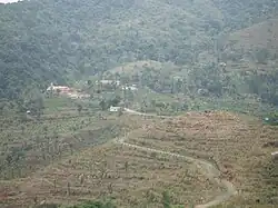 Photographie couleur des bâtiments à flanc d'une montagne dans laquelle des terrasses agricoles sont aménagées