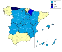 Carte de l'Espagne avec délimitations des communautés autonomes et provinces, et un code couleur pour indiquer le vainqueur de l'élection dans chaque région.