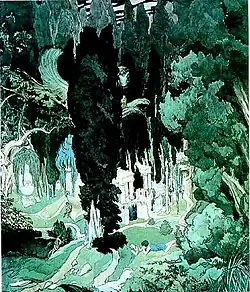 Représentation futuriste d'une nature luxuriante et embrouillée ; couleurs vives aux verts dominants  ; art privilégiant la verticalité.