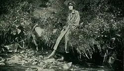 Elsie Wright en 1920, assise sur le buisson où la première photographie des fées de Cottingley a été prise.