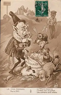 Caricature d'Émile Combes, président du conseil des ministres, carte postale