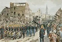 Peinture montrant un cortège funèbre dans les rues d'une ville en ruine.