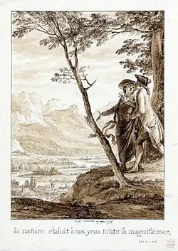 Du haut d'une colline un homme fait admirer à un autre le paysage de la vallée du Pô au soleil levant.