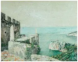 Vue du château de Duino sur le golfe de Trieste avec le vieux château de Duino. Crayon, pastel sur papier contrecollé sur carton, juin 1905.