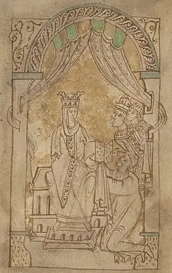 Dessin à l'encre noire avec quelques touches de couleur pâles. Dans un cadre formé par deux colonnes des tentures, une femme en robe, portant un voile et une couronne, est assise au centre. À ses pieds, un homme à genoux lui tend un livre ouvert. On aperçoit sur la droite la tête et le haut du corps de deux hommes barbus portant des couronnes.