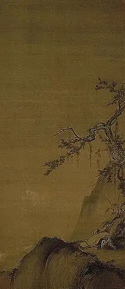 Paysage automnal, diptyque des "Paysages d'automne et d'hiver". Encre sur soie. 128.2 cm × 55.2 cm. Konchi-in, Kyoto.