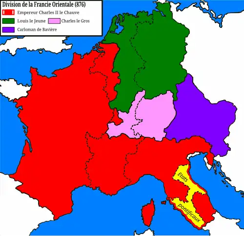 876 : à la mort de Louis de Bavière, ses fils se partagent la Francie orientale.