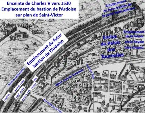 Site du futur bastion de l’Ardoise sur plan de Saint-Victor vers 1530 Site du futur bastion vers 1530 sur plan de Saint-Victor
