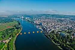 Vue aérienne de Vichy avec points de repère désignant l'emplacement du pont romain