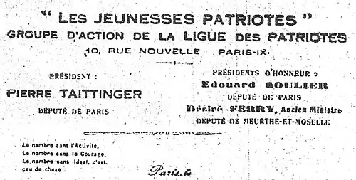 En-tête d'une lettre des Jeunesses patriotes publiée dans L'Humanité. Au côté du président de la ligue, Pierre Taittinger, sont mentionnés ses présidents d'honneur, les députés Édouard Soulier et Désiré Ferry.