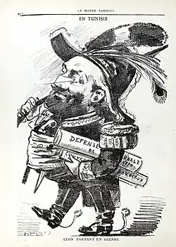 Caricature montrant un homme en tenue militaire, portant des papiers sous le bras gauche.