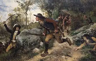 Huile sur toile représentant des soldats vendéens courant dans les bois.