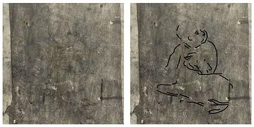 Dessin au crayon représentant un enfant jouant avec un agneau.