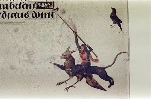 Personnage muni d'une perche à cheval sur un griffon.