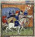 Deux commandants anglais en costume civil à la tête de leurs troupes sous la bannière de saint Georges. Enluminure de la fin du XIVe s. dans les Grandes Chroniques de France (British Library, Royal 20 C. VII, f.186).