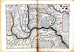 Carte ancienne montrant le Ienisseï et ses affluents de manière exagérée, et situant de nombreux lieux dont Ienisseïsk au centre-droit avec un carré et des maisons pour l'ostrog.