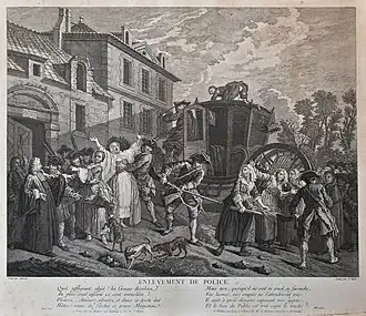Enlèvement de police. Gravure de Claude Augustin Duflos d'après une peinture d'Étienne Jeaurat, vers 1756-1757.