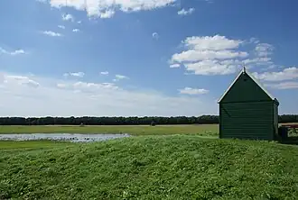 Photographie en couleurs d'une maison entourée par des prés