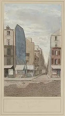 Entrée de la rue des Filles-Dieu vue de la rue Saint-Denis en 1883 (dessin de Jules Gaildrau).
