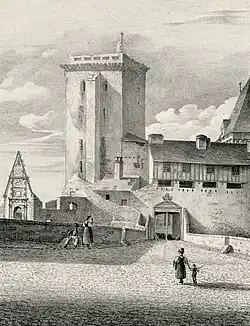 Dessin en noir et blanc d'un château avec deux personnages.