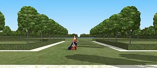 Restitution de la vue depuis l'entrée du bosquet des Cloitres au château de Bellegarde, vers 1720.