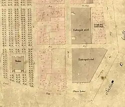 Vue des deux entrepôts réels sur le cadastre de 1851.