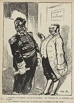 Dessin monochrome d'un général se voyant refuser l'entrée au cabinet du ministre par un domestique.