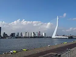 panorama d'une rivière avec pont et rangée de gratte-ciel en arrière-plan