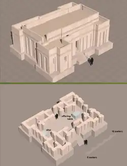 Reconstitution du temple du niveau VII d'Eridu, fin du Ve&nbsp;millénaire&nbsp;av. J.-C., édifice monumental à plan tripartite.