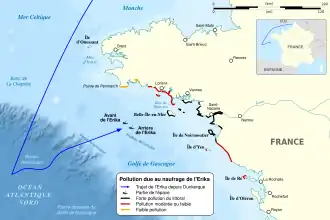 Carte représentant l'impact de la marée noire de l'Erika sur les côtes atlantiques françaises.