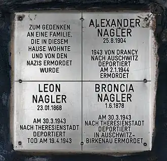 Stolpersteine en mémoire d'Alexander,Leon et Broncia Nagler.